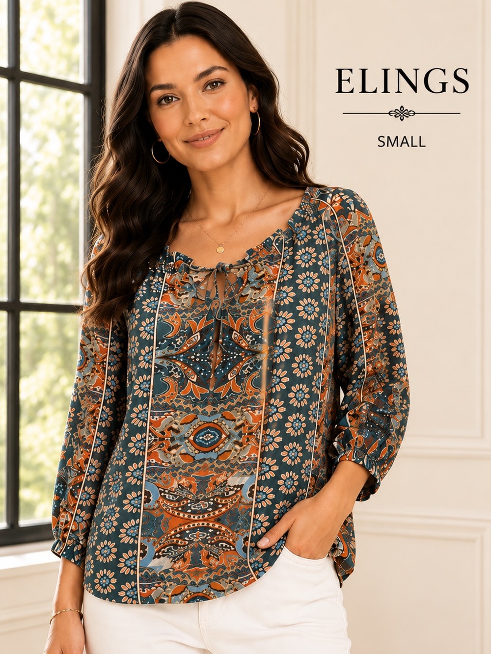 Elings Boho Paisley Floral Peasant Blouse Small Teal Orange Viscose